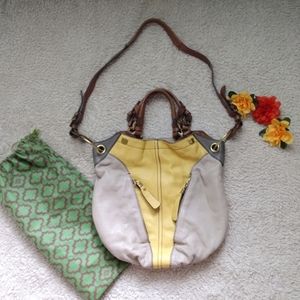OrYANY Victoria yellow and taupe leather tote